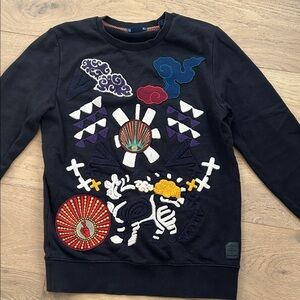 Scotch & Soda Black Crewneck Sweater with Multicolor Embroidered Motifs